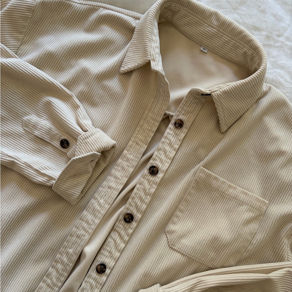Beige Ribbed Button-Up Shirt - Picture 2 of 2